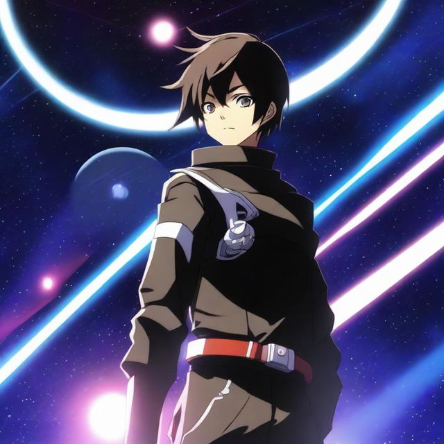 A stylish pose in space of a 19-year-old boy, Shadow from the anime 'Eminence in Shadow', in the scene where he says 'I am atomic'