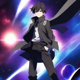 A stylish pose in space of a 19-year-old boy, Shadow from the anime 'Eminence in Shadow', in the scene where he says 'I am atomic'