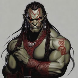 Grakkar is a tall and burly half-orc with grayish skin and scars crossing his face and arms