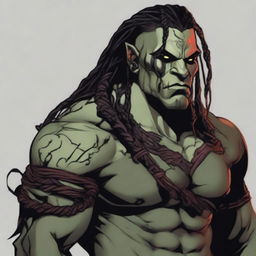 Grakkar is a tall and burly half-orc with grayish skin and scars crossing his face and arms