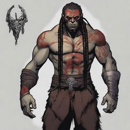 Grakkar is a tall and burly half-orc with grayish skin and scars crossing his face and arms