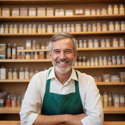 Imagine a cheerful shopkeeper behind the counter. His face brimming with happiness and satisfaction. Behind him, shelves are neatly stacked with goods. The warm glow from the shop and his welcoming stance radiate a joyful ambiance.