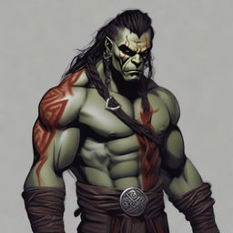 Grakkar is a tall and burly half-orc with grayish skin and scars crossing his face and arms