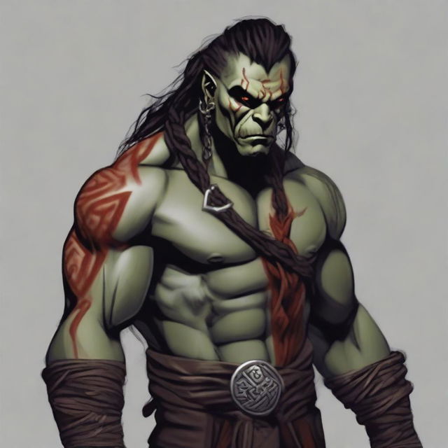 Grakkar is a tall and burly half-orc with grayish skin and scars crossing his face and arms