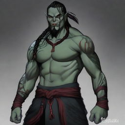 Grakkar is a tall and burly half-orc warlock with grayish skin and scars crossing his face and arms