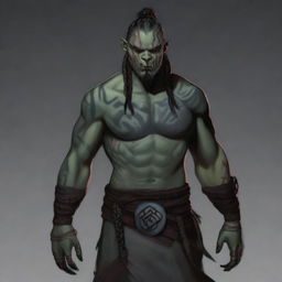 Grakkar is a tall and burly half-orc warlock with grayish skin and scars crossing his face and arms