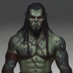 Grakkar is a tall and burly half-orc warlock with grayish skin and scars crossing his face and arms