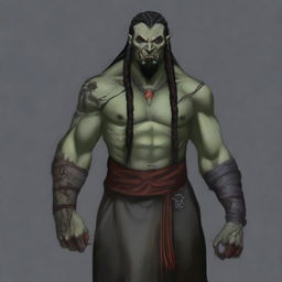 Grakkar is a tall and burly half-orc warlock with grayish skin and scars crossing his face and arms