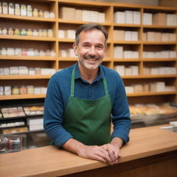 Imagine a cheerful shopkeeper behind the counter. His face brimming with happiness and satisfaction. Behind him, shelves are neatly stacked with goods. The warm glow from the shop and his welcoming stance radiate a joyful ambiance.