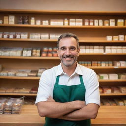 Imagine a cheerful shopkeeper behind the counter. His face brimming with happiness and satisfaction. Behind him, shelves are neatly stacked with goods. The warm glow from the shop and his welcoming stance radiate a joyful ambiance.