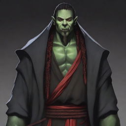 Grakkar is a tall and burly half-orc warlock with grayish skin and scars crossing his face and arms