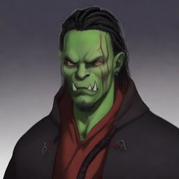 Grakkar is a tall and burly half-orc warlock with grayish skin and scars crossing his face and arms