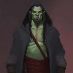 Grakkar is a tall and burly half-orc warlock with grayish skin and scars crossing his face and arms