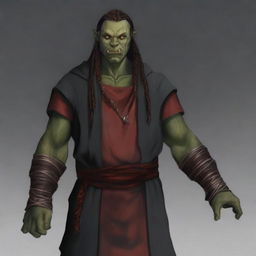 Grakkar is a tall and burly half-orc warlock with grayish skin and scars crossing his face and arms