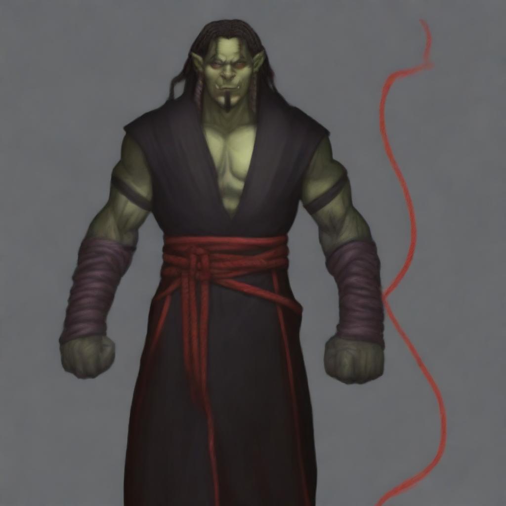 Grakkar is a tall and burly half-orc warlock with grayish skin and scars crossing his face and arms