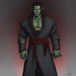 Grakkar is a tall and burly half-orc warlock with grayish skin and scars crossing his face and arms