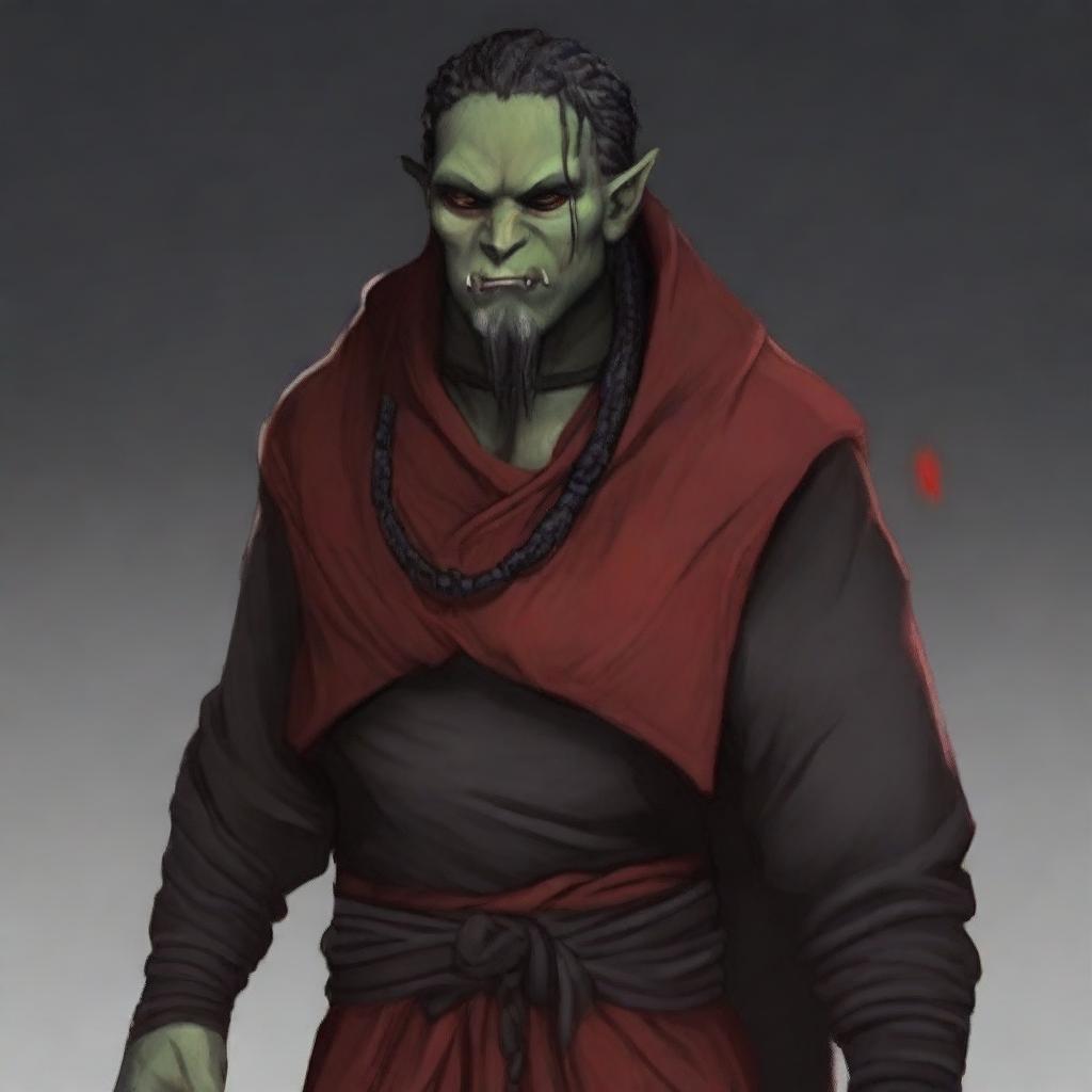 Grakkar is a tall and burly half-orc warlock with grayish skin and scars crossing his face and arms