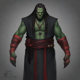 Grakkar is a tall and burly half-orc warlock with grayish skin and scars crossing his face and arms