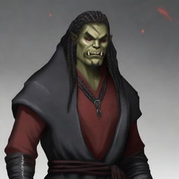 Grakkar is a tall and burly half-orc warlock with grayish skin and scars crossing his face and arms