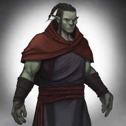 Grakkar is a tall and burly half-orc warlock with grayish skin and scars crossing his face and arms