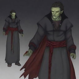 Grakkar is a tall and burly half-orc warlock with grayish skin and scars crossing his face and arms