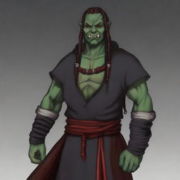 Grakkar is a tall and burly half-orc warlock with grayish skin and scars crossing his face and arms