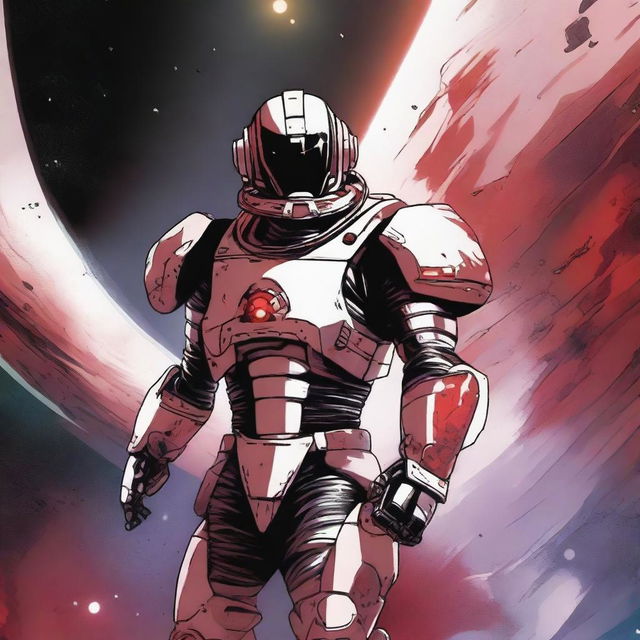 Shadow from 'Eminence in Shadow' saying 'I am atomic,' wearing white war armor in space