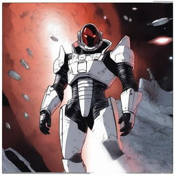 Shadow from 'Eminence in Shadow' saying 'I am atomic,' wearing white war armor in space