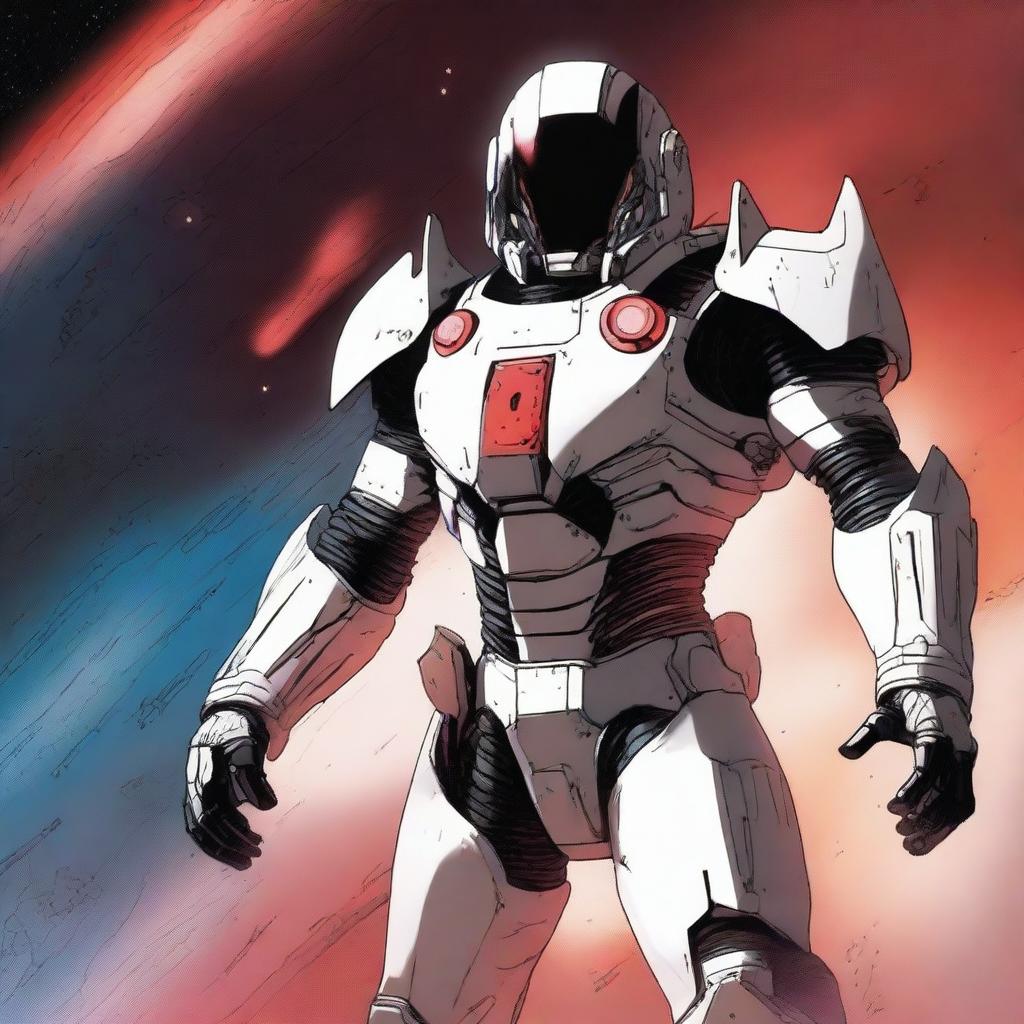 Shadow from 'Eminence in Shadow' saying 'I am atomic,' wearing white war armor in space