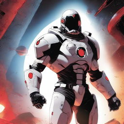 Shadow from 'Eminence in Shadow' saying 'I am atomic,' wearing white war armor in space