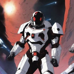 Shadow from 'Eminence in Shadow' saying 'I am atomic,' wearing white war armor in space