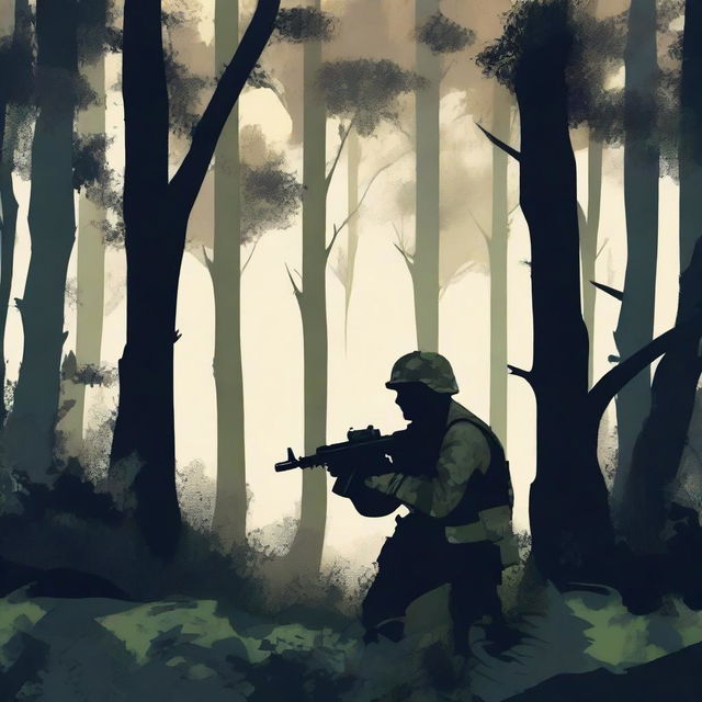 A lone soldier hidden in the darkness of a dense forest