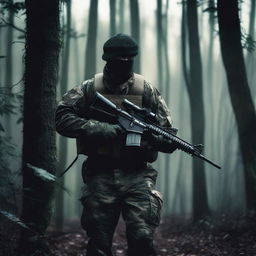 A lone soldier hidden in the darkness of a dense forest