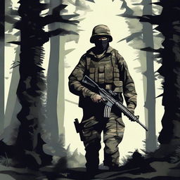 A lone soldier hidden in the darkness of a dense forest