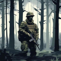 A lone soldier hidden in the darkness of a dense forest