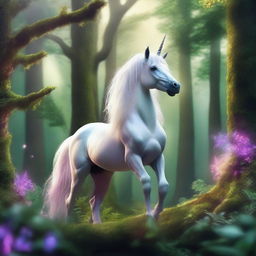 A mystical unicorn standing gracefully in a lush, enchanted forest