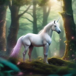 A mystical unicorn standing gracefully in a lush, enchanted forest