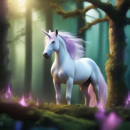 A mystical unicorn standing gracefully in a lush, enchanted forest