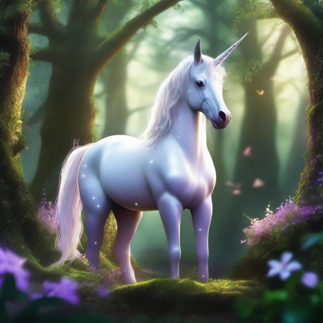 A mystical unicorn standing gracefully in a lush, enchanted forest