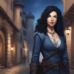 A fantasy female genasi thief with black curly hair, set in a Dungeons & Dragons universe