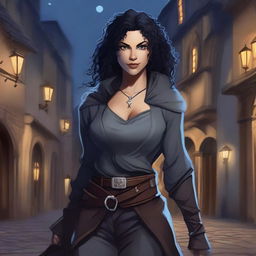 A fantasy female genasi thief with black curly hair, set in a Dungeons & Dragons universe