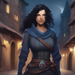 A fantasy female genasi thief with black curly hair, set in a Dungeons & Dragons universe