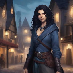 A fantasy female genasi thief with black curly hair, set in a Dungeons & Dragons universe