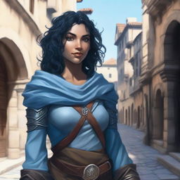 A fantasy female air genasi thief smirking in the shadows of a medieval city