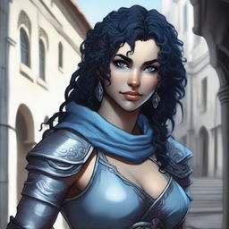 A fantasy female air genasi thief smirking in the shadows of a medieval city