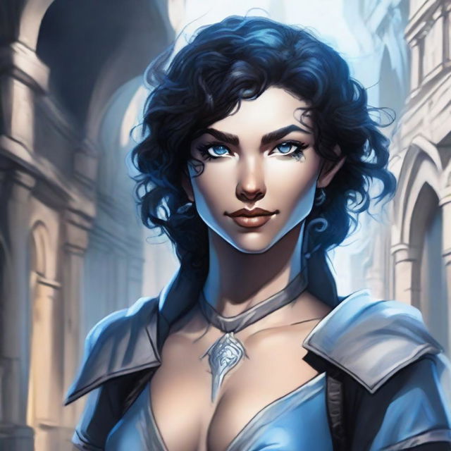 A fantasy female air genasi thief smirking in the shadows of a medieval city