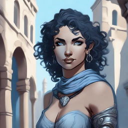 A fantasy female air genasi thief smirking in the shadows of a medieval city