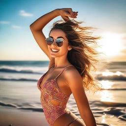 A beautiful girl enjoying her time at the beach, wearing a stylish swimsuit, with the sun shining and waves gently crashing in the background