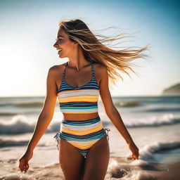 A beautiful girl enjoying her time at the beach, wearing a stylish swimsuit, with the sun shining and waves gently crashing in the background