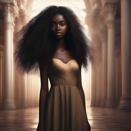 A tall, slender girl with dark skin, heart-shaped full lips, long curly hair reaching down to her waist, and large brown eyes with a hint of light in them, standing in a surreal and beautiful place